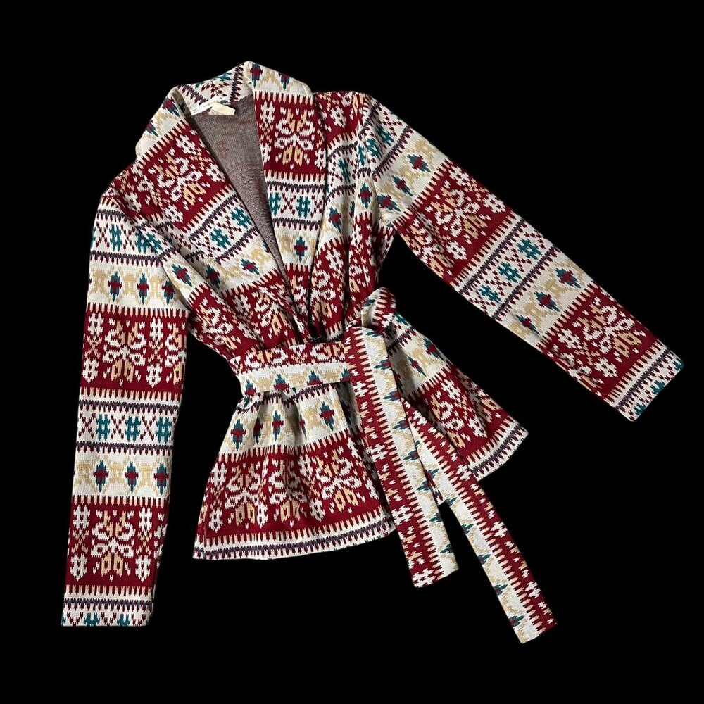 Vintage Cardigan Jacket 1970s Jane Colby USA Aztec Belted Maroon Teal Medium